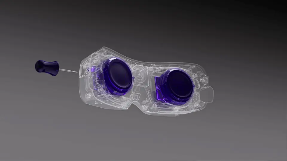 Beyond 2 translucent shell with violet lenses and the IPD adjustment tool